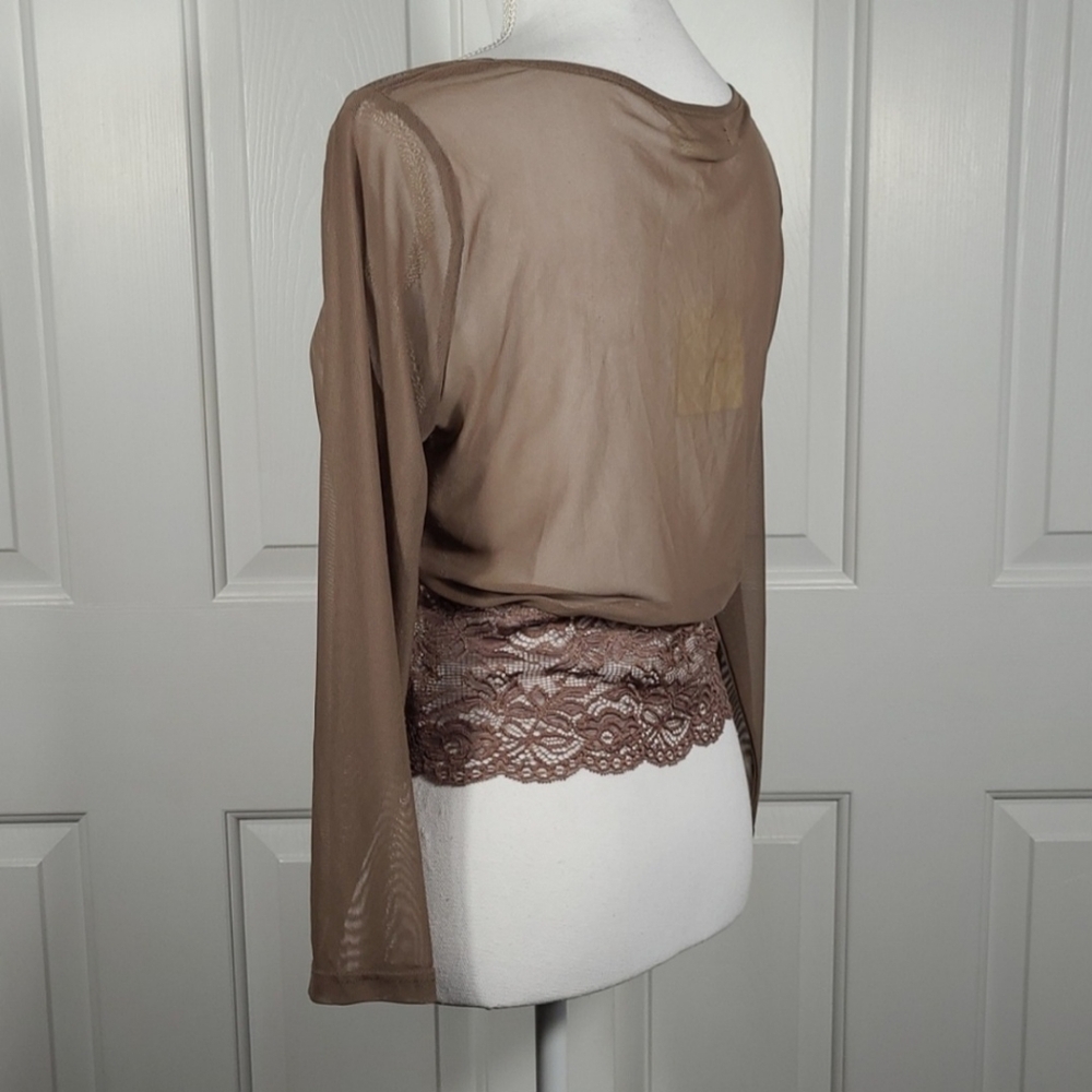 NWT A'reve Lace & Mesh Sheer Stretchy Crop Top in Brown Size Large - Picture 7 of 14